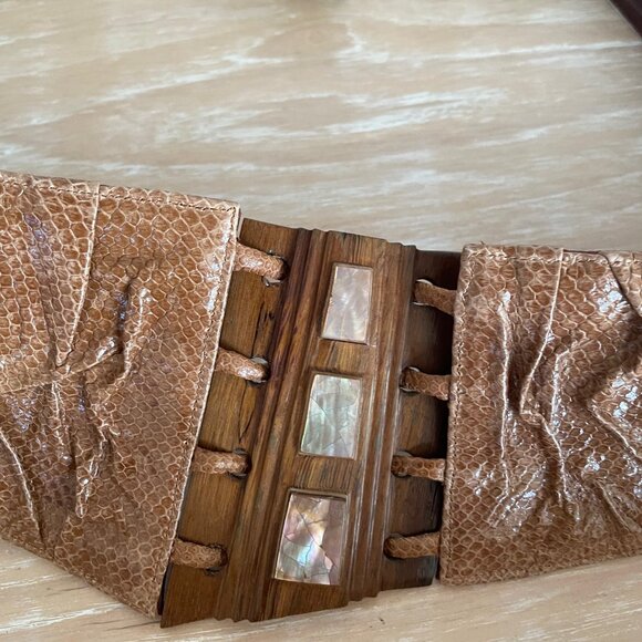 Vintage Wide Brown Reptile Design Contour Belt w/ Wooden Accents & Shell Inlays main image 11